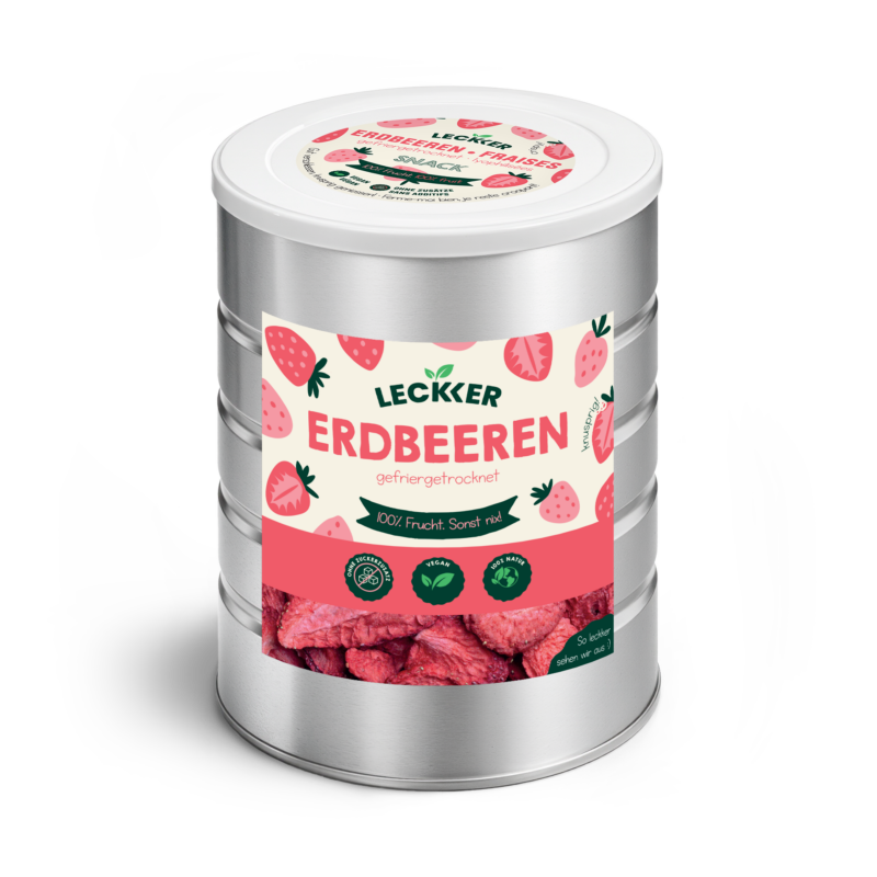 Gefriergetrocknete Erdbeeren von leckker in Edelstahl Dose
