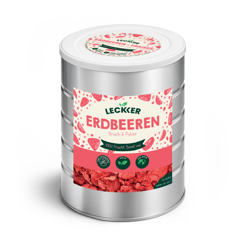 Gefriergetrocknete Erdbeeren von leckker in Edelstahl Dose