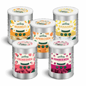 leckker Campingbox: fünf grosse Aludosen mit gefriergetrockneten Bananen, Mango, Aprikosen, Erdbeeren und Himbeeren