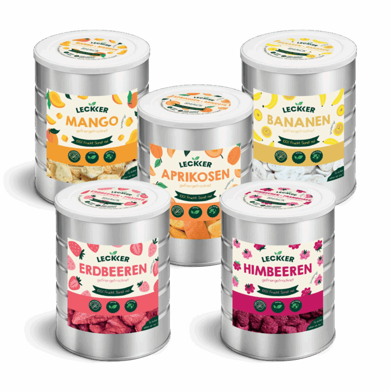 leckker Campingbox: fünf grosse Aludosen mit gefriergetrockneten Bananen, Mango, Aprikosen, Erdbeeren und Himbeeren