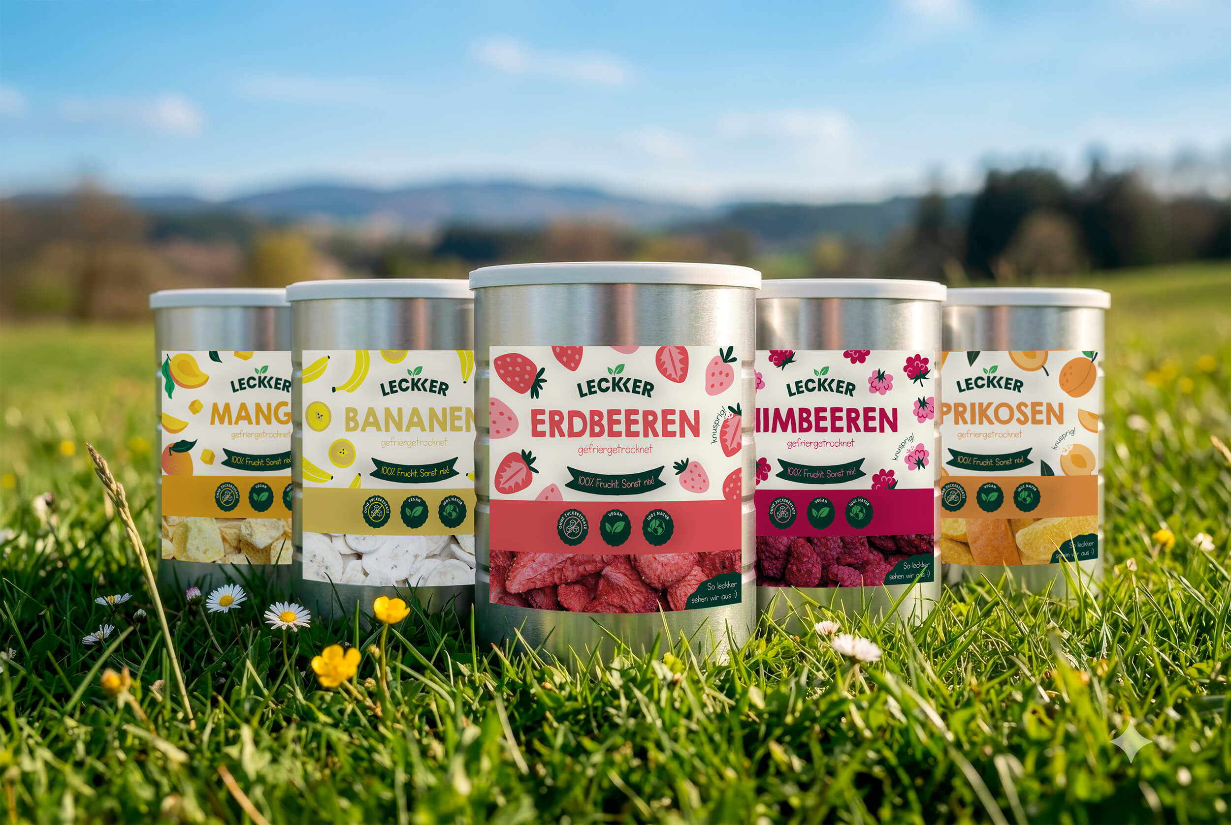 leckker Outdoor-Bundle mit fünf Dosen gefriergetrockneter Früchte: Mango, Bananen, Erdbeeren, Himbeeren und Aprikosen